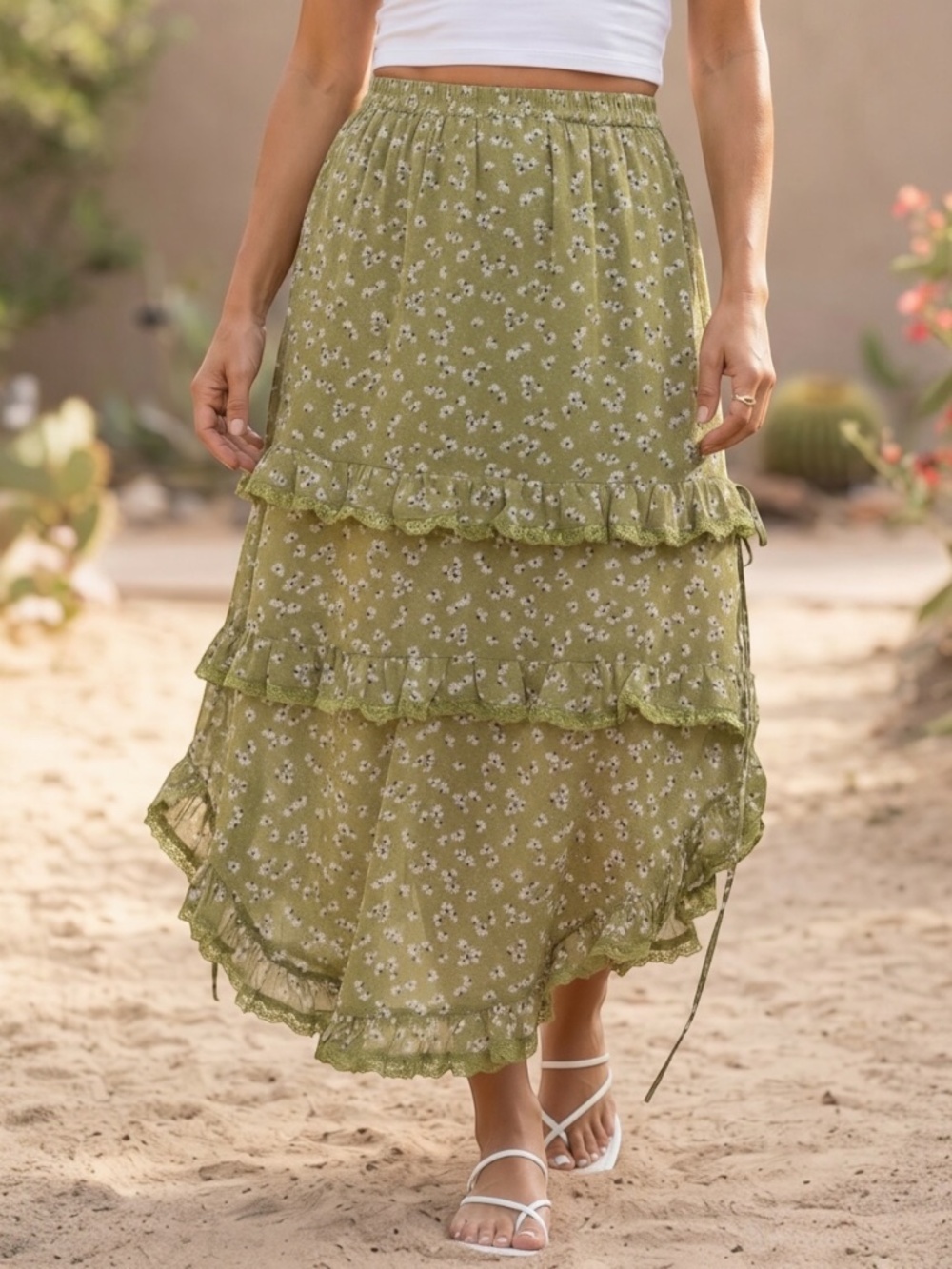 POL Green Ditzy Floral Maxi Skirt | Ruffle Tiered Side Slit Pull On